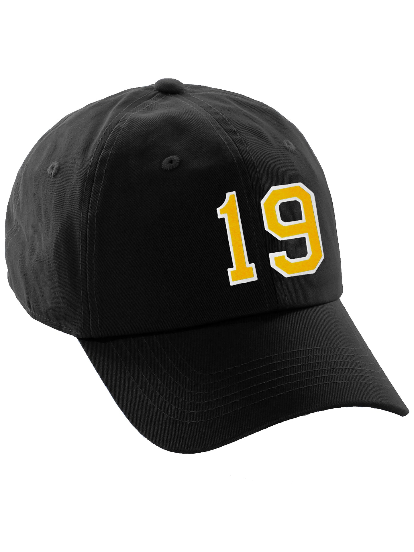 I&W Hatgear Customized Number Hat 00 to 99 Team Colors Baseball Cap, Black Hat White Gold