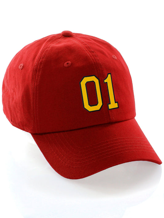 Customized Number Hat 00 to 99 Team Colors Baseball Cap, Red hat Black Gold