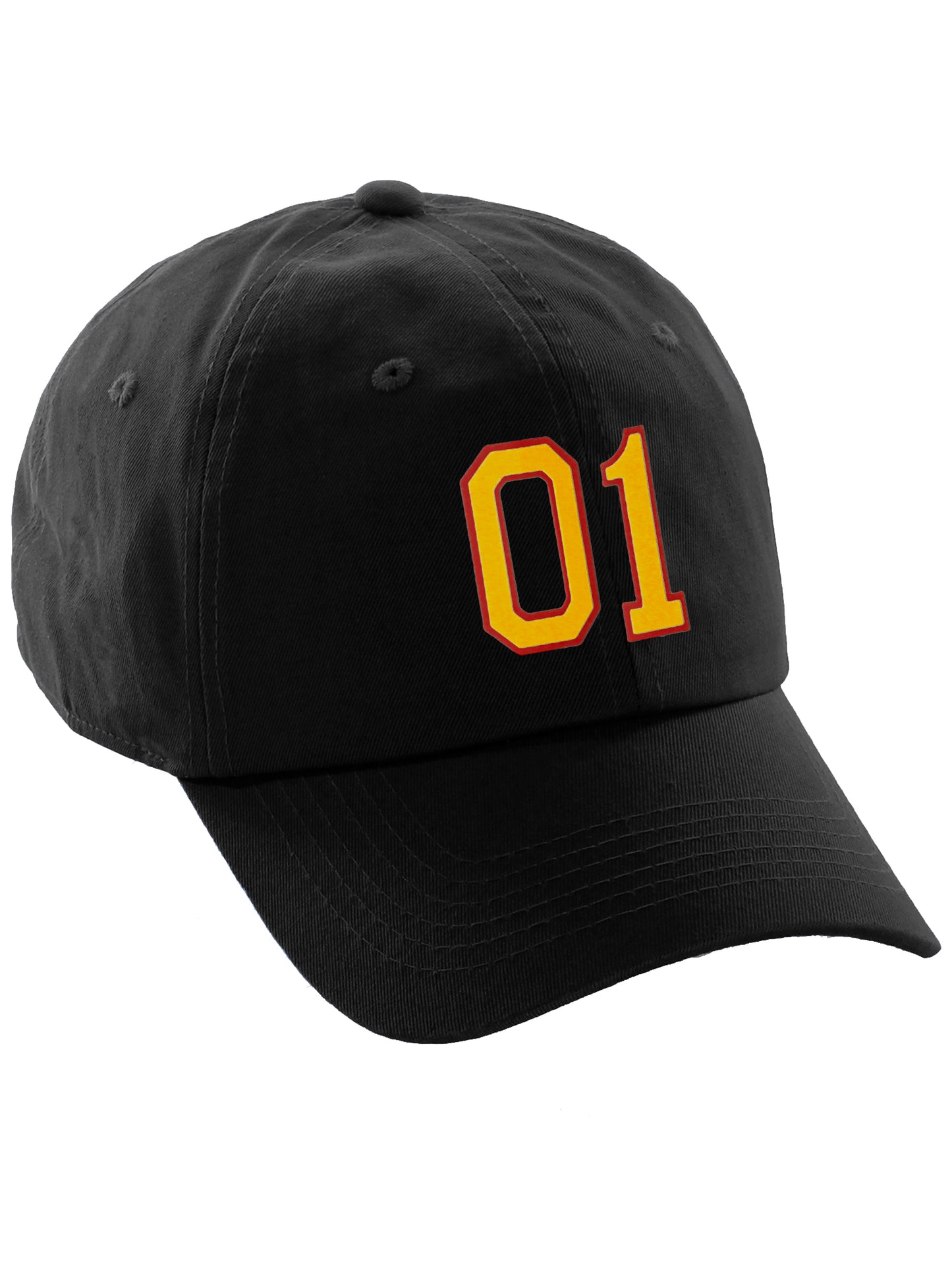 I&W Hatgear Customized Number Hat 00 to 99 Team Colors Baseball Cap, Black Hat Red Gold