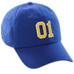 I&W Hatgear Customized Number Hat 00 to 99 Team Colors Baseball Cap, Blue hat White Gold