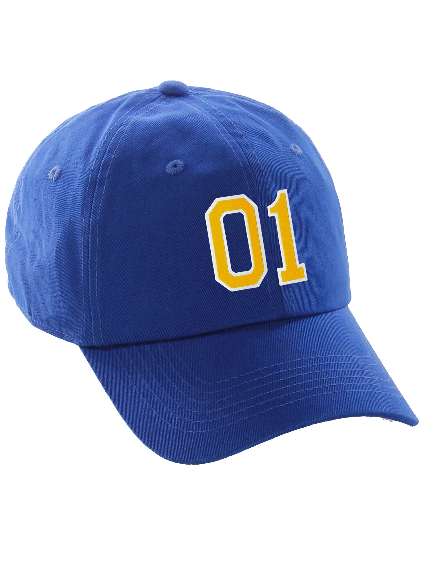 I&W Hatgear Customized Number Hat 00 to 99 Team Colors Baseball Cap, Blue hat White Gold