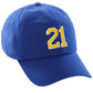 I&W Hatgear Customized Number Hat 00 to 99 Team Colors Baseball Cap, Blue hat White Gold