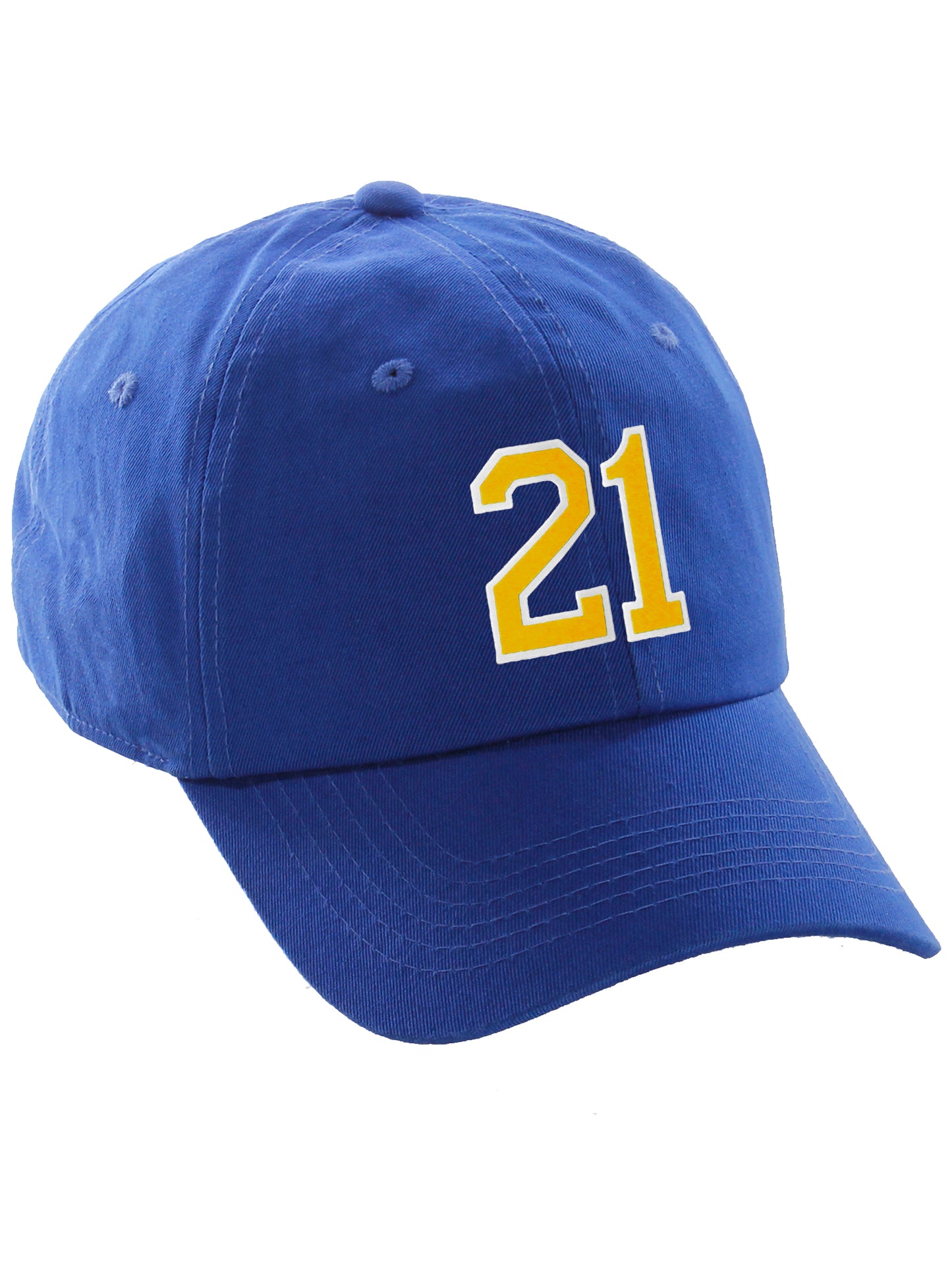 I&W Hatgear Customized Number Hat 00 to 99 Team Colors Baseball Cap, Blue hat White Gold