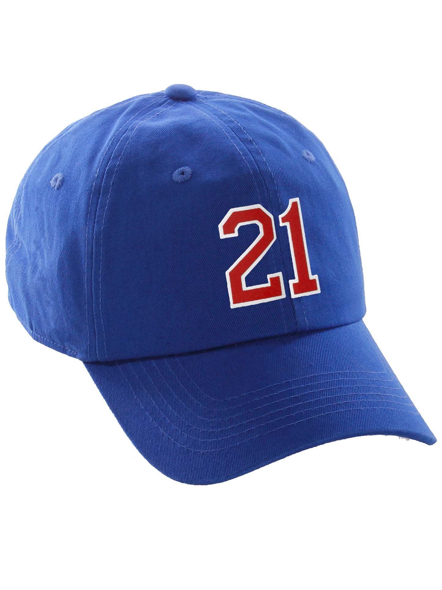 I&W Hatgear Customized Nunber Hat 00 to 99 Team Colors Baseball Cap, Blue Hat White Red