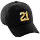 I&W Hatgear Customized Number Hat 00 to 99 Team Colors Baseball Cap, Black Hat White Gold