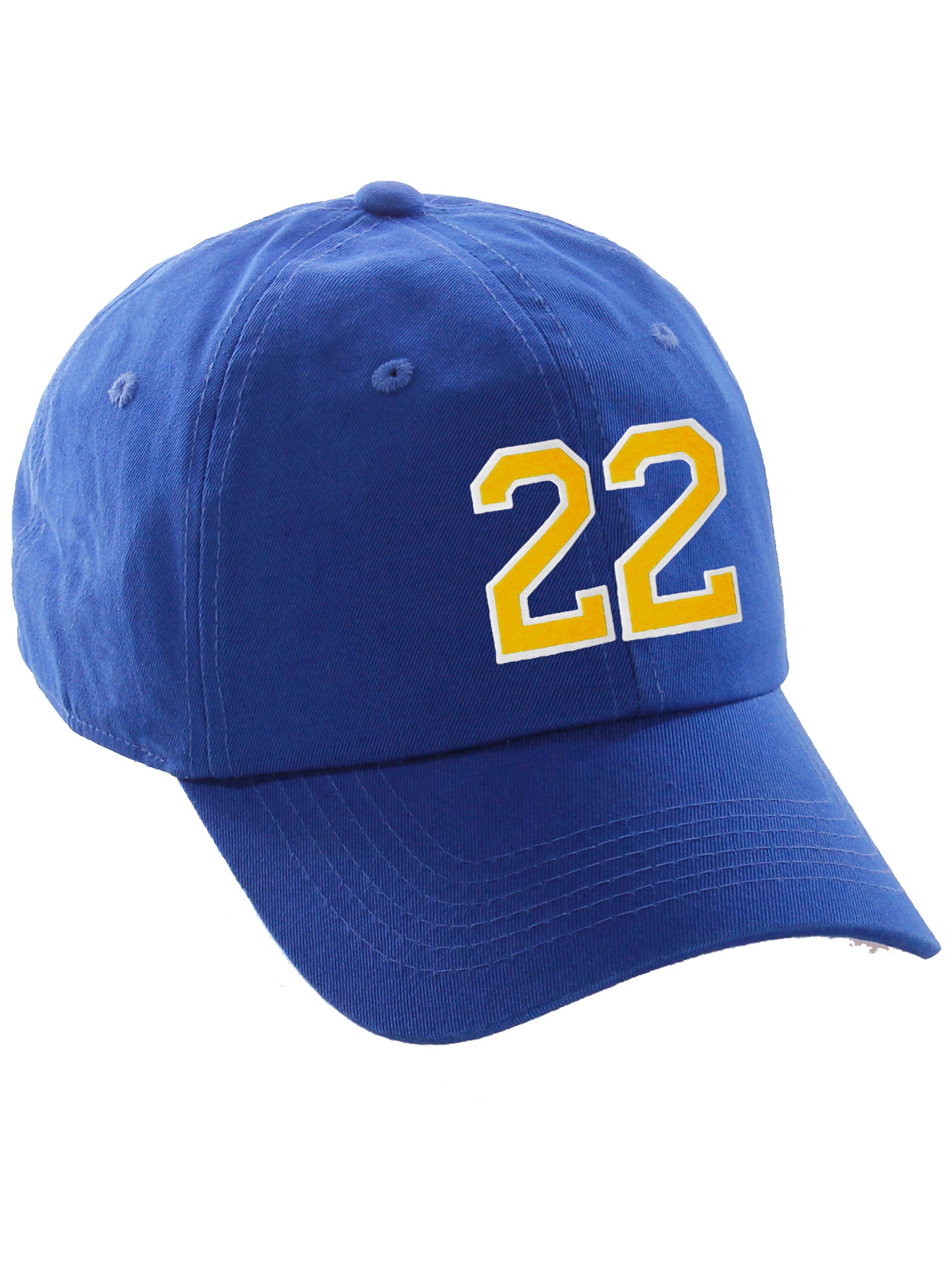 I&W Hatgear Customized Number Hat 00 to 99 Team Colors Baseball Cap, Blue hat White Gold