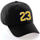 I&W Hatgear Customized Number Hat 00 to 99 Team Colors Baseball Cap, Black Hat White Gold