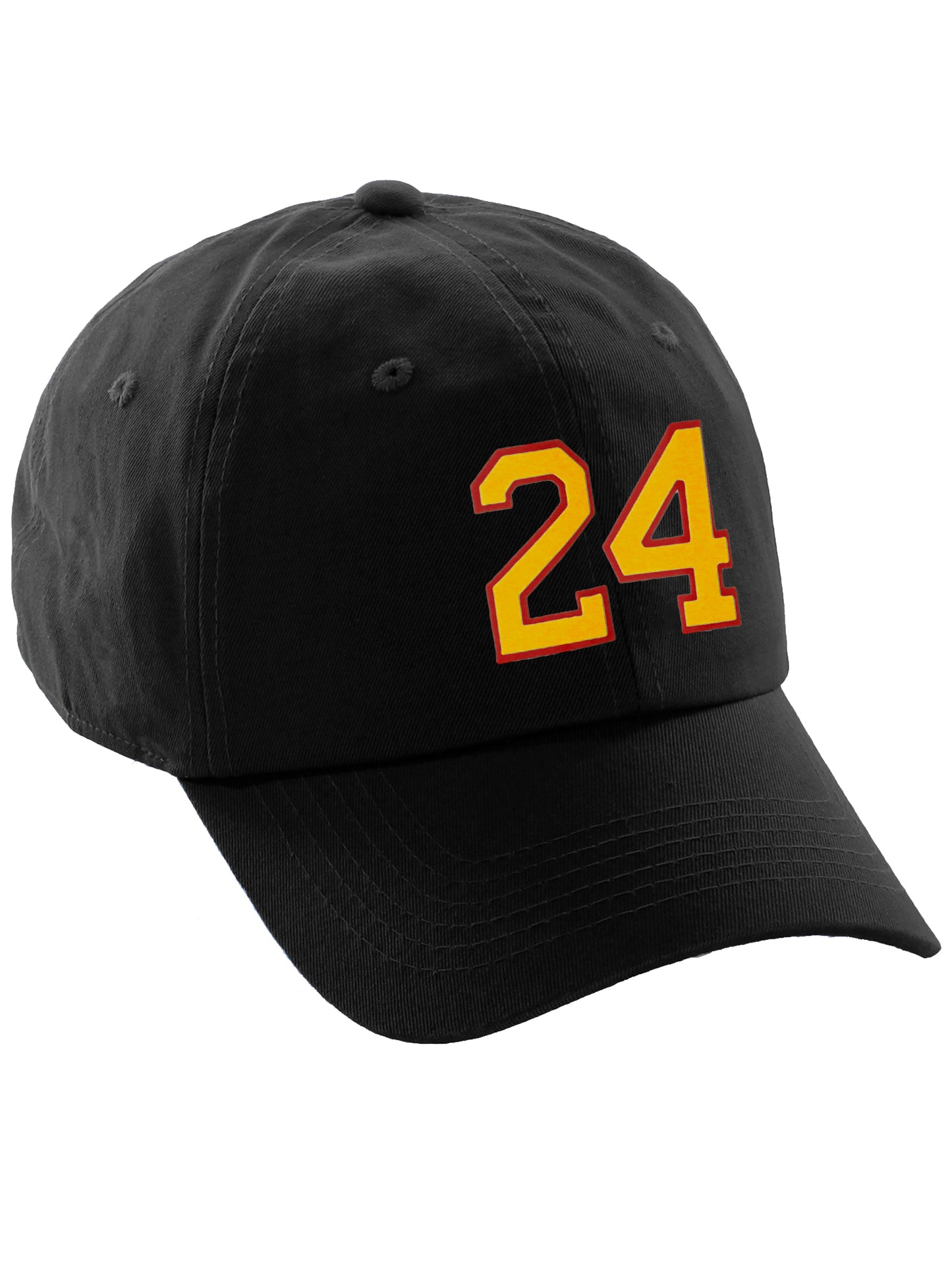 I&W Hatgear Customized Number Hat 00 to 99 Team Colors Baseball Cap, Black Hat Red Gold