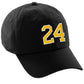 I&W Hatgear Customized Number Hat 00 to 99 Team Colors Baseball Cap, Black Hat White Gold