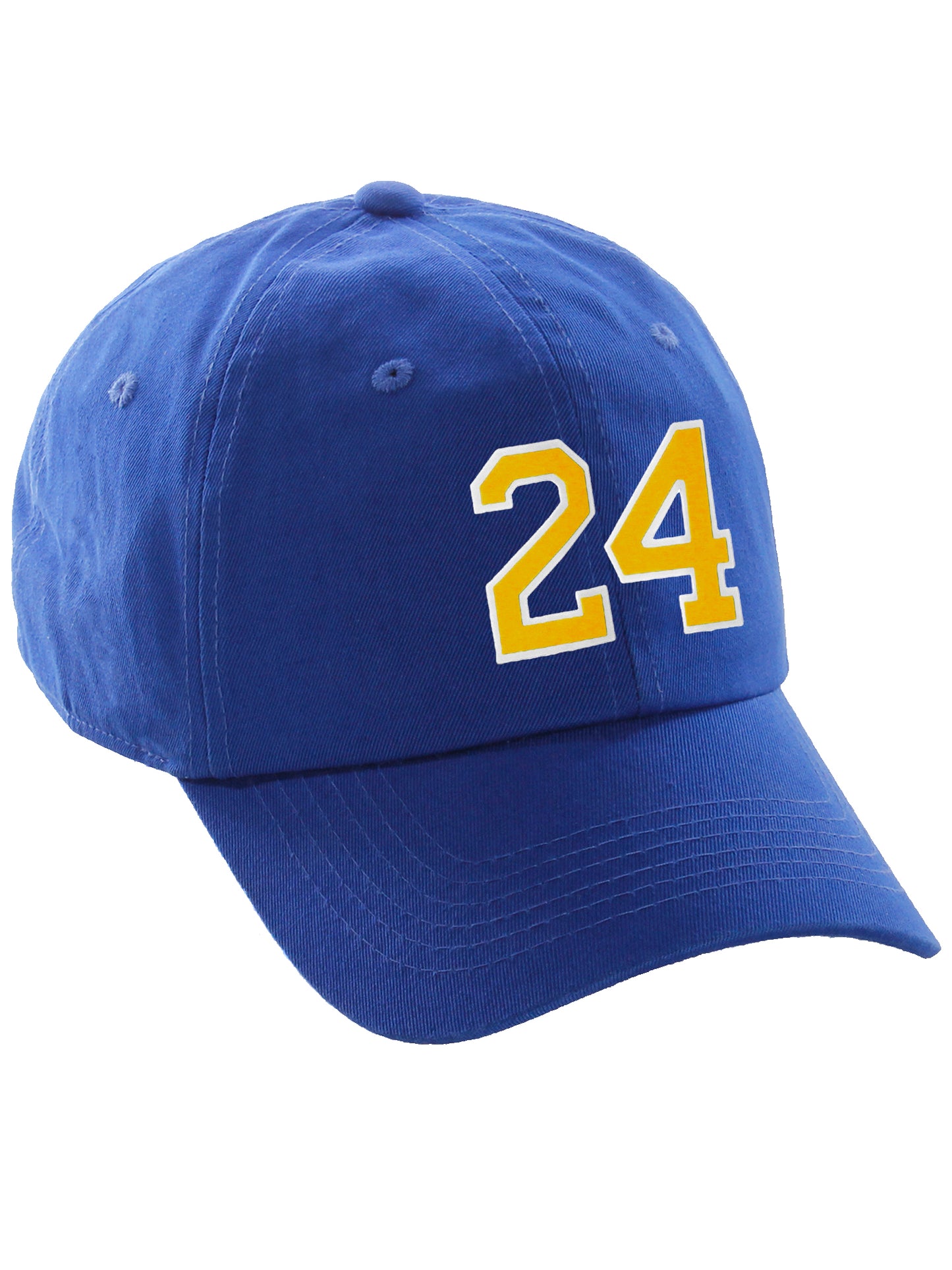 I&W Hatgear Customized Number Hat 00 to 99 Team Colors Baseball Cap, Blue hat White Gold