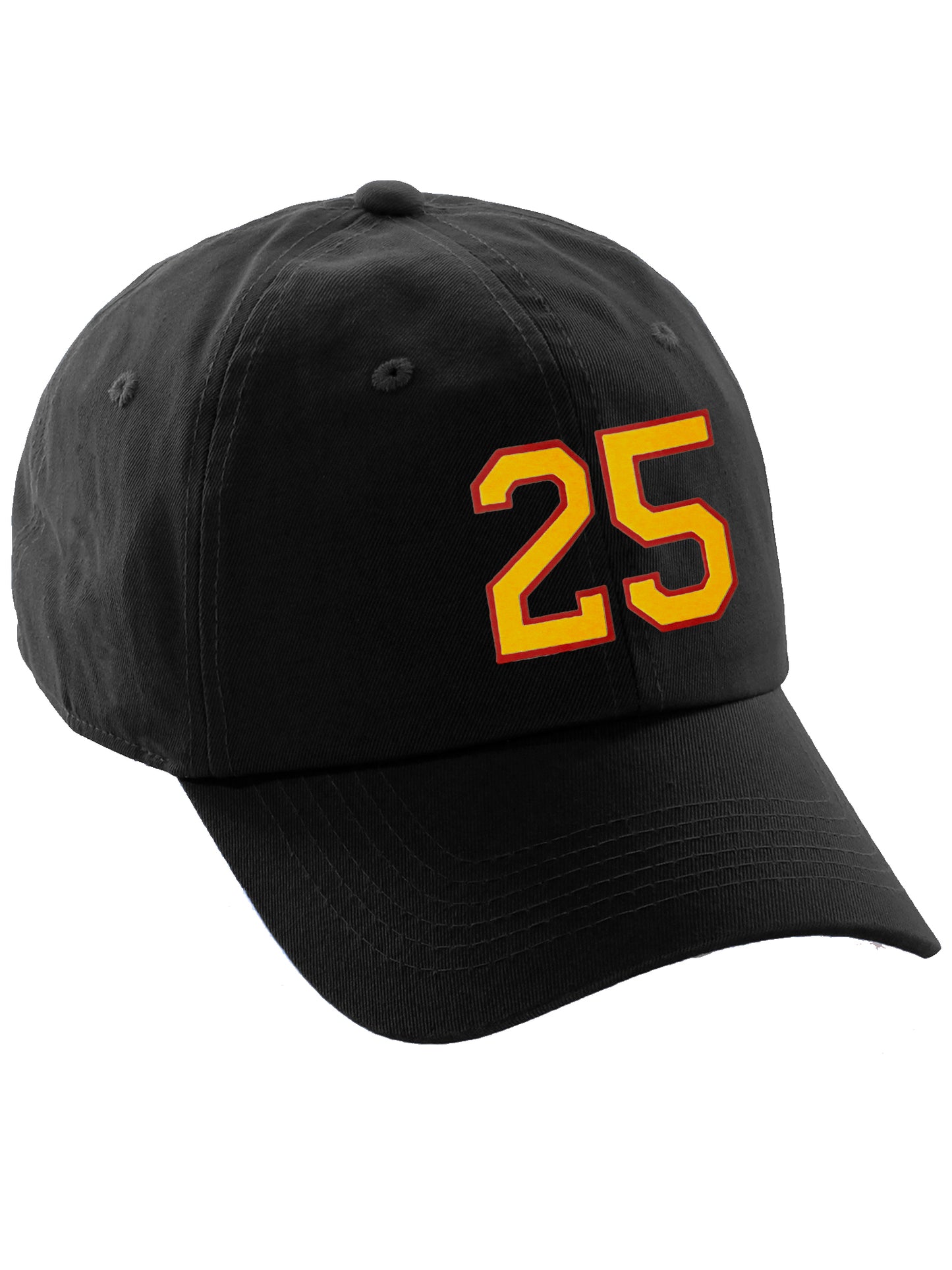 I&W Hatgear Customized Number Hat 00 to 99 Team Colors Baseball Cap, Black Hat Red Gold