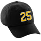 I&W Hatgear Customized Number Hat 00 to 99 Team Colors Baseball Cap, Black Hat White Gold