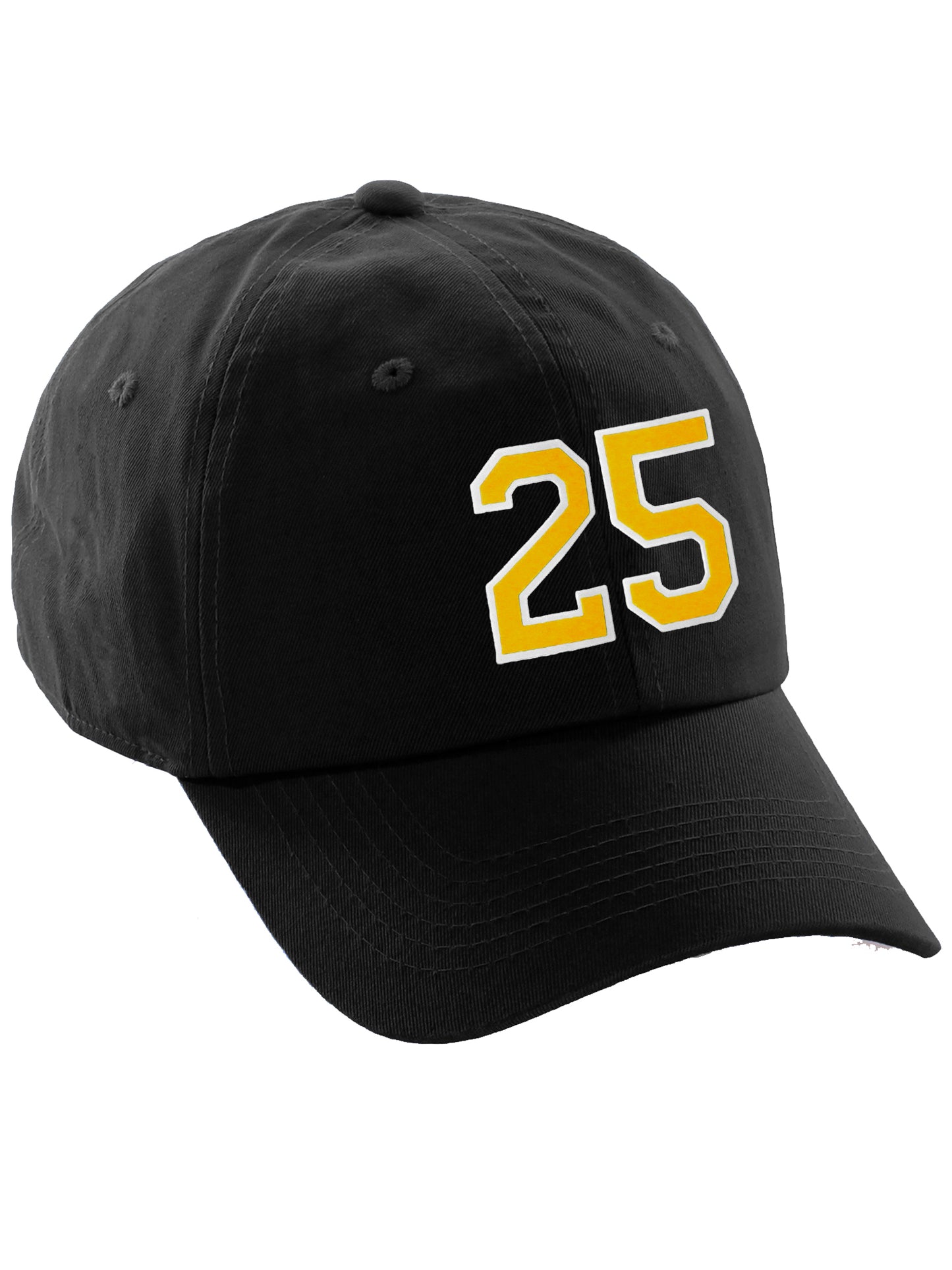 I&W Hatgear Customized Number Hat 00 to 99 Team Colors Baseball Cap, Black Hat White Gold