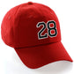 Customized Number Hat 00 to 99 Team Colors Baseball Cap, Red Hat White Black