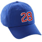 I&W Hatgear Customized Nunber Hat 00 to 99 Team Colors Baseball Cap, Blue Hat White Red