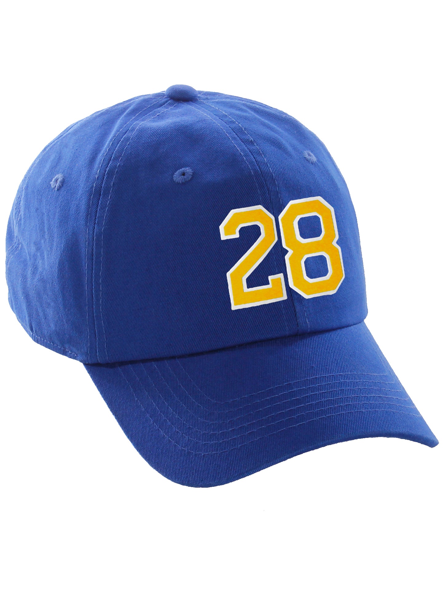 I&W Hatgear Customized Number Hat 00 to 99 Team Colors Baseball Cap, Blue hat White Gold