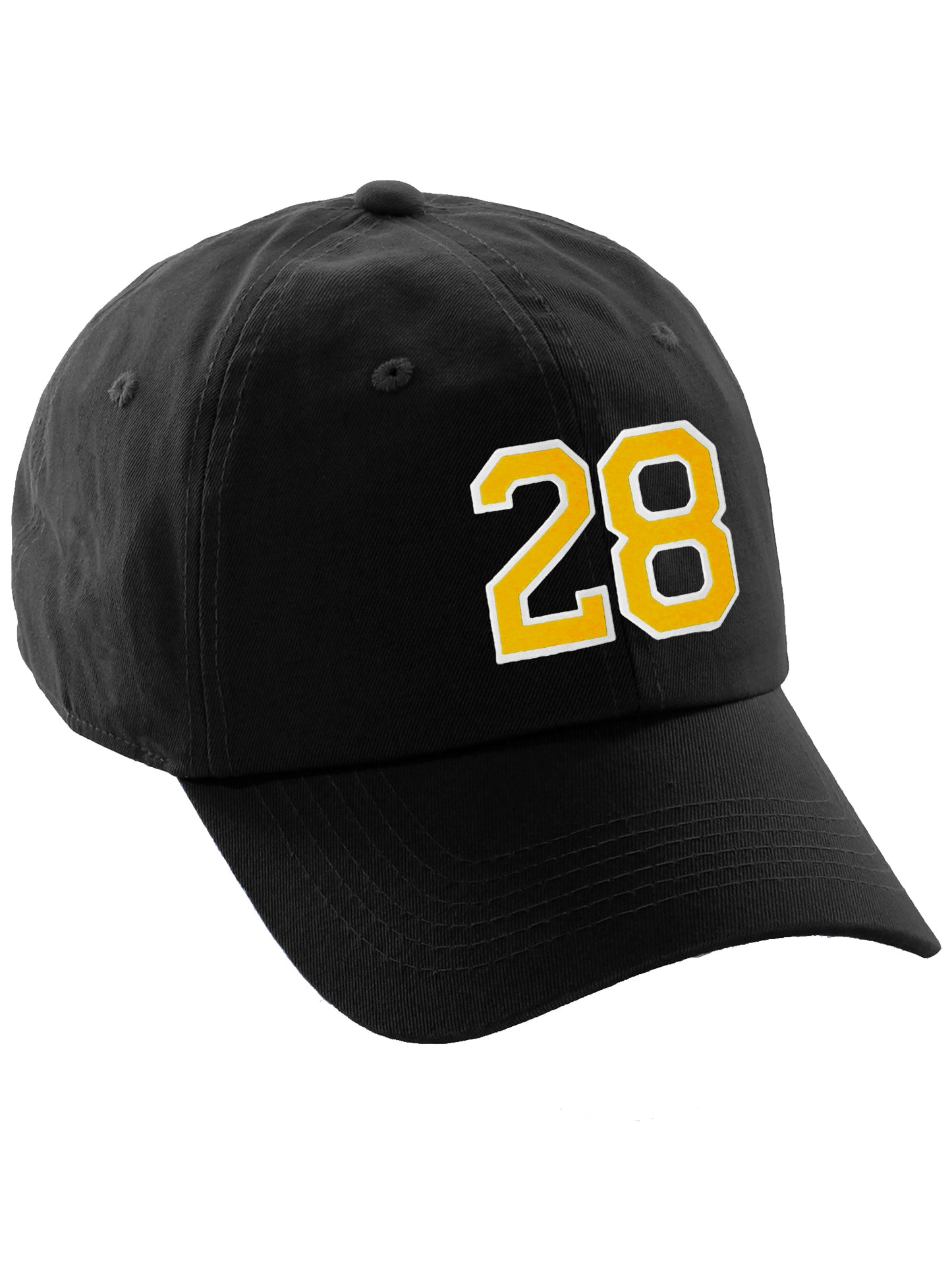 I&W Hatgear Customized Number Hat 00 to 99 Team Colors Baseball Cap, Black Hat White Gold
