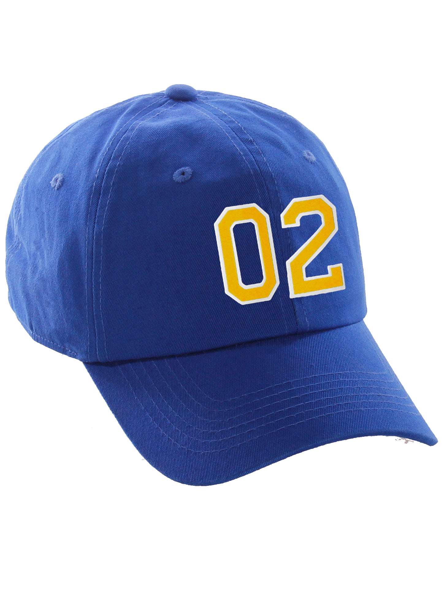 I&W Hatgear Customized Number Hat 00 to 99 Team Colors Baseball Cap, Blue hat White Gold