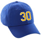 I&W Hatgear Customized Number Hat 00 to 99 Team Colors Baseball Cap, Blue hat White Gold