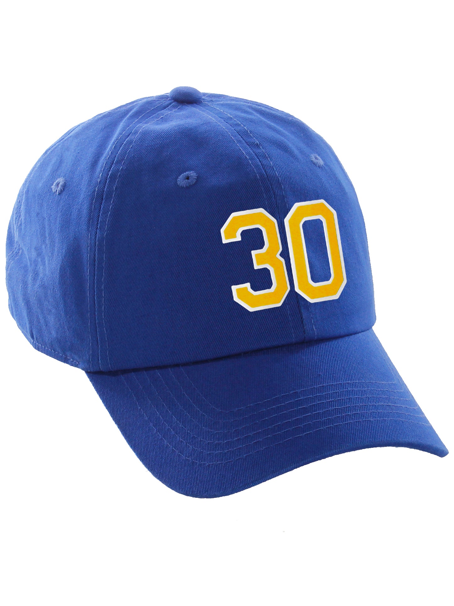 I&W Hatgear Customized Number Hat 00 to 99 Team Colors Baseball Cap, Blue hat White Gold