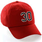 Customized Number Hat 00 to 99 Team Colors Baseball Cap, Red Hat White Black