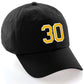 I&W Hatgear Customized Number Hat 00 to 99 Team Colors Baseball Cap, Black Hat White Gold