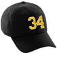 I&W Hatgear Customized Number Hat 00 to 99 Team Colors Baseball Cap, Black Hat White Gold