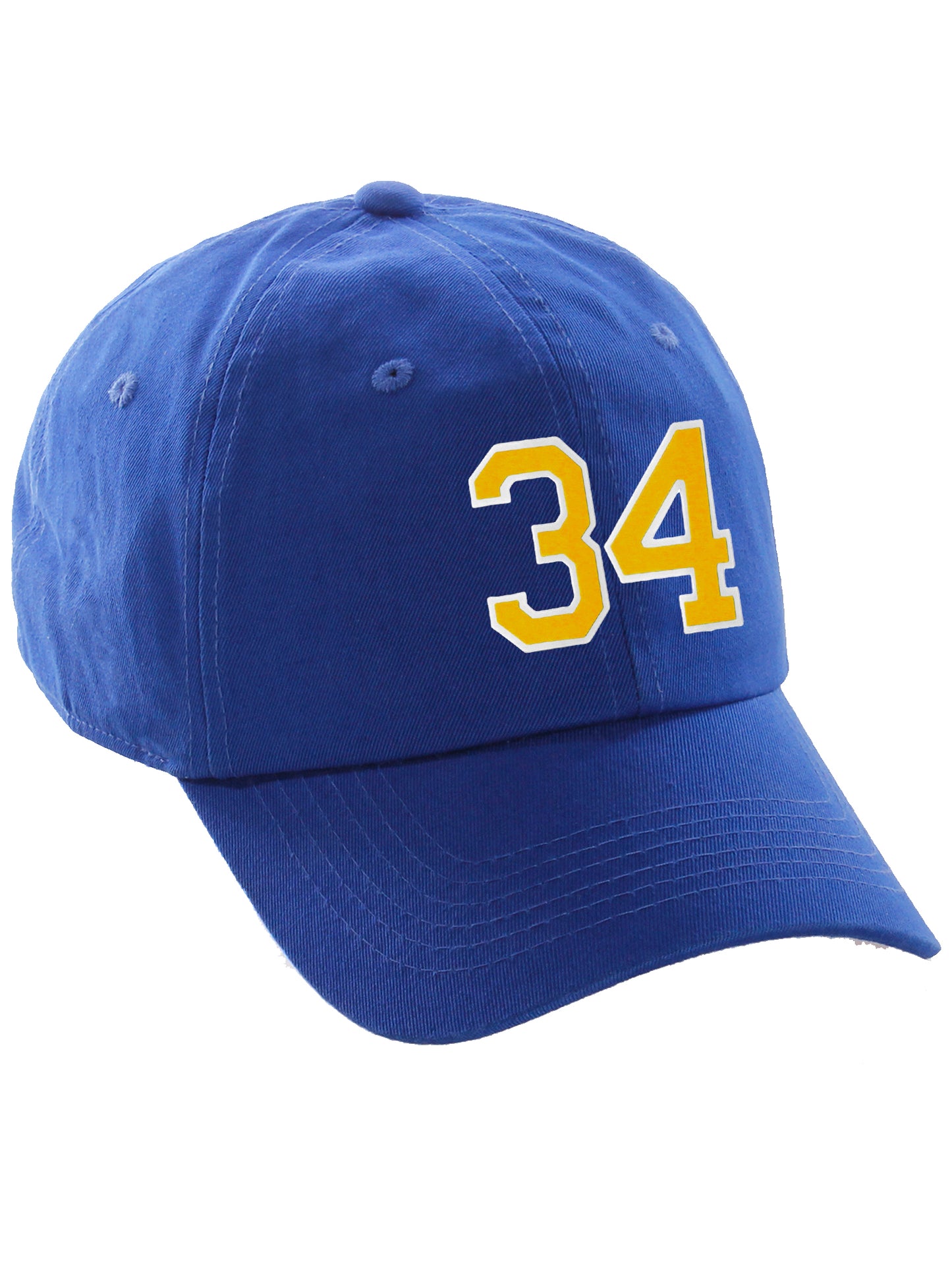 I&W Hatgear Customized Number Hat 00 to 99 Team Colors Baseball Cap, Blue hat White Gold