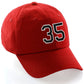 Customized Number Hat 00 to 99 Team Colors Baseball Cap, Red Hat White Black