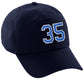 I&W Hatgear Customized Number Hat 00 to 99 Team Colors Baseball Cap, Navy Hat White Blue