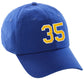 I&W Hatgear Customized Number Hat 00 to 99 Team Colors Baseball Cap, Blue hat White Gold