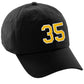 I&W Hatgear Customized Number Hat 00 to 99 Team Colors Baseball Cap, Black Hat White Gold