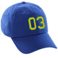 Customized Number hat 00 to 99 Team Colors Baseball Cap, Blue Hat Green Gold