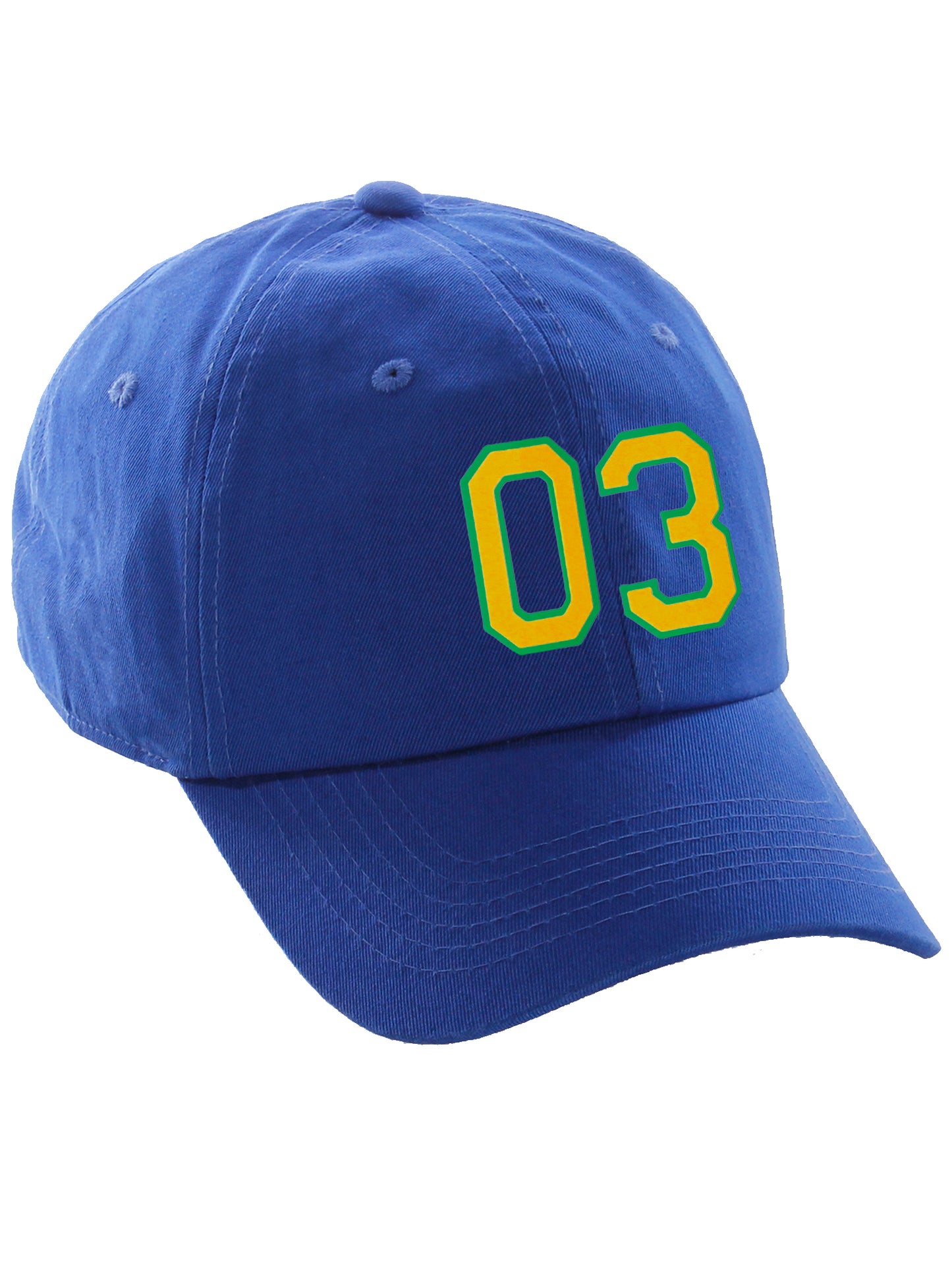 Customized Number hat 00 to 99 Team Colors Baseball Cap, Blue Hat Green Gold