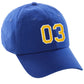 I&W Hatgear Customized Number Hat 00 to 99 Team Colors Baseball Cap, Blue hat White Gold