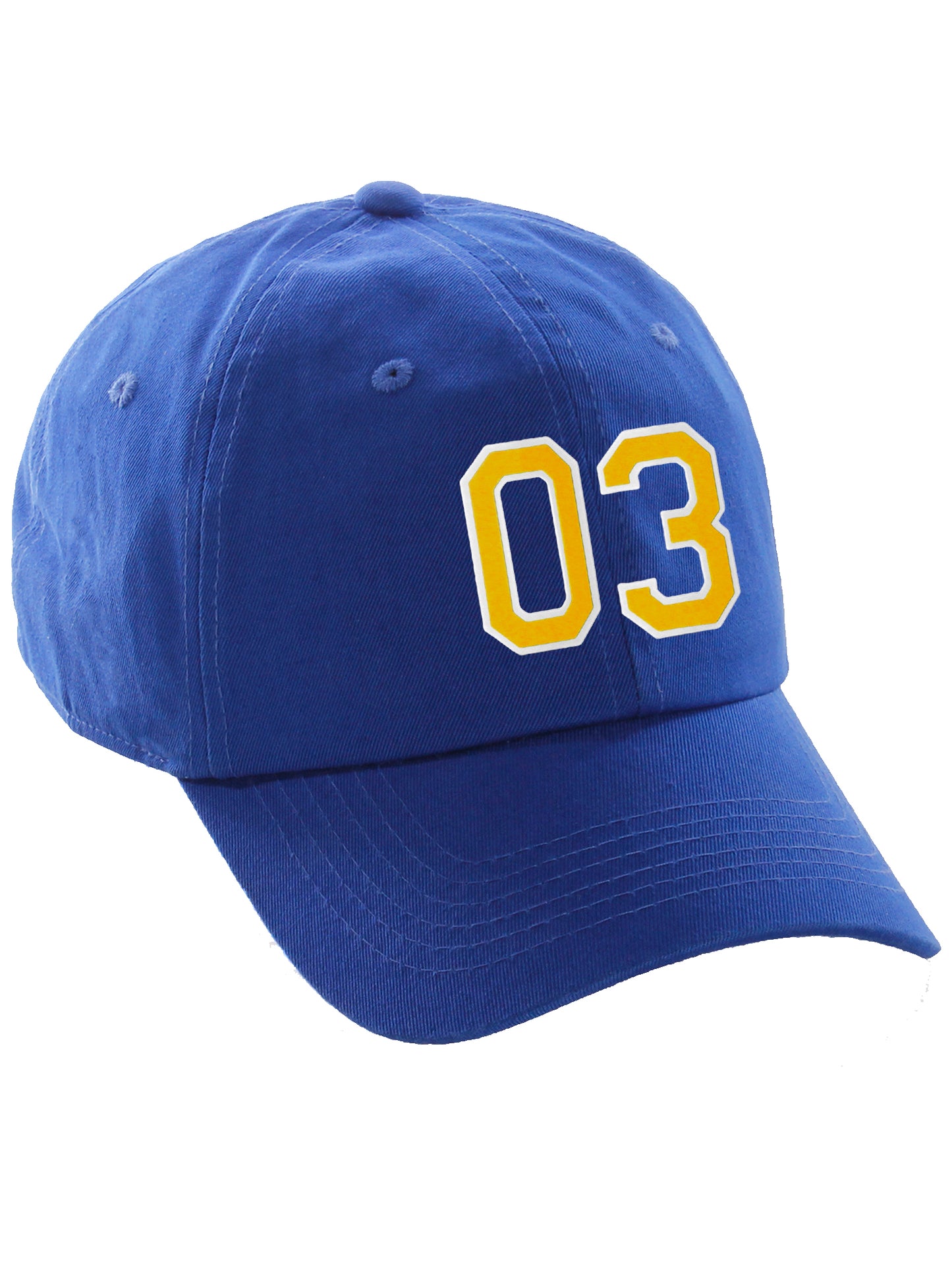 I&W Hatgear Customized Number Hat 00 to 99 Team Colors Baseball Cap, Blue hat White Gold