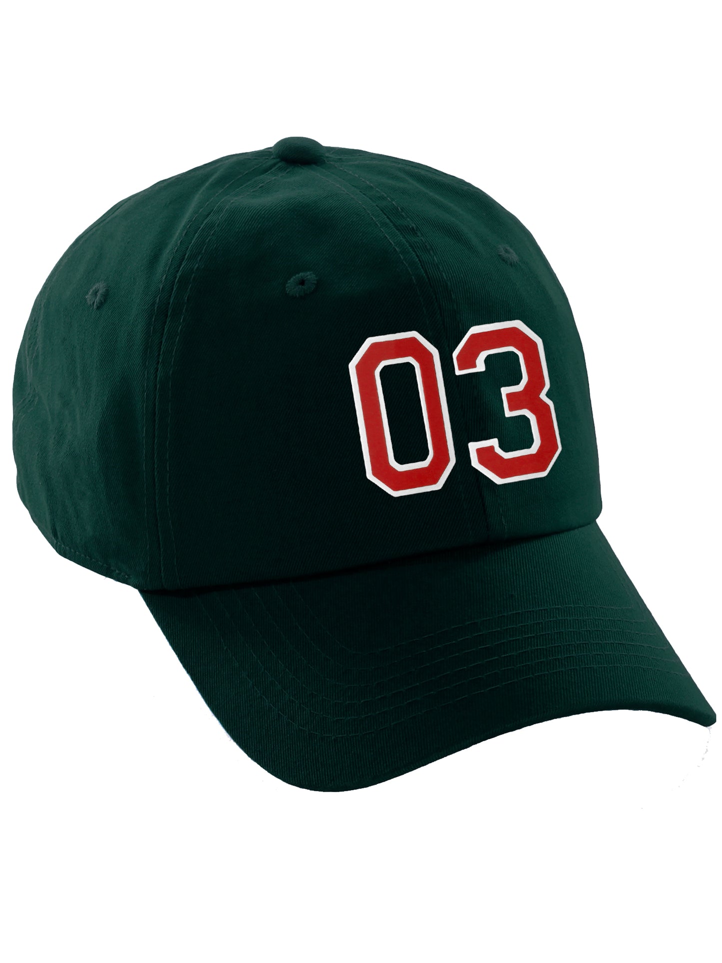 I&W Hatgear Customized Number Hat 00 to 99 Team Colors Baseball Cap, Dk Green Hat White Red