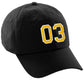 I&W Hatgear Customized Number Hat 00 to 99 Team Colors Baseball Cap, Black Hat White Gold