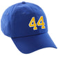 I&W Hatgear Customized Number Hat 00 to 99 Team Colors Baseball Cap, Blue hat White Gold