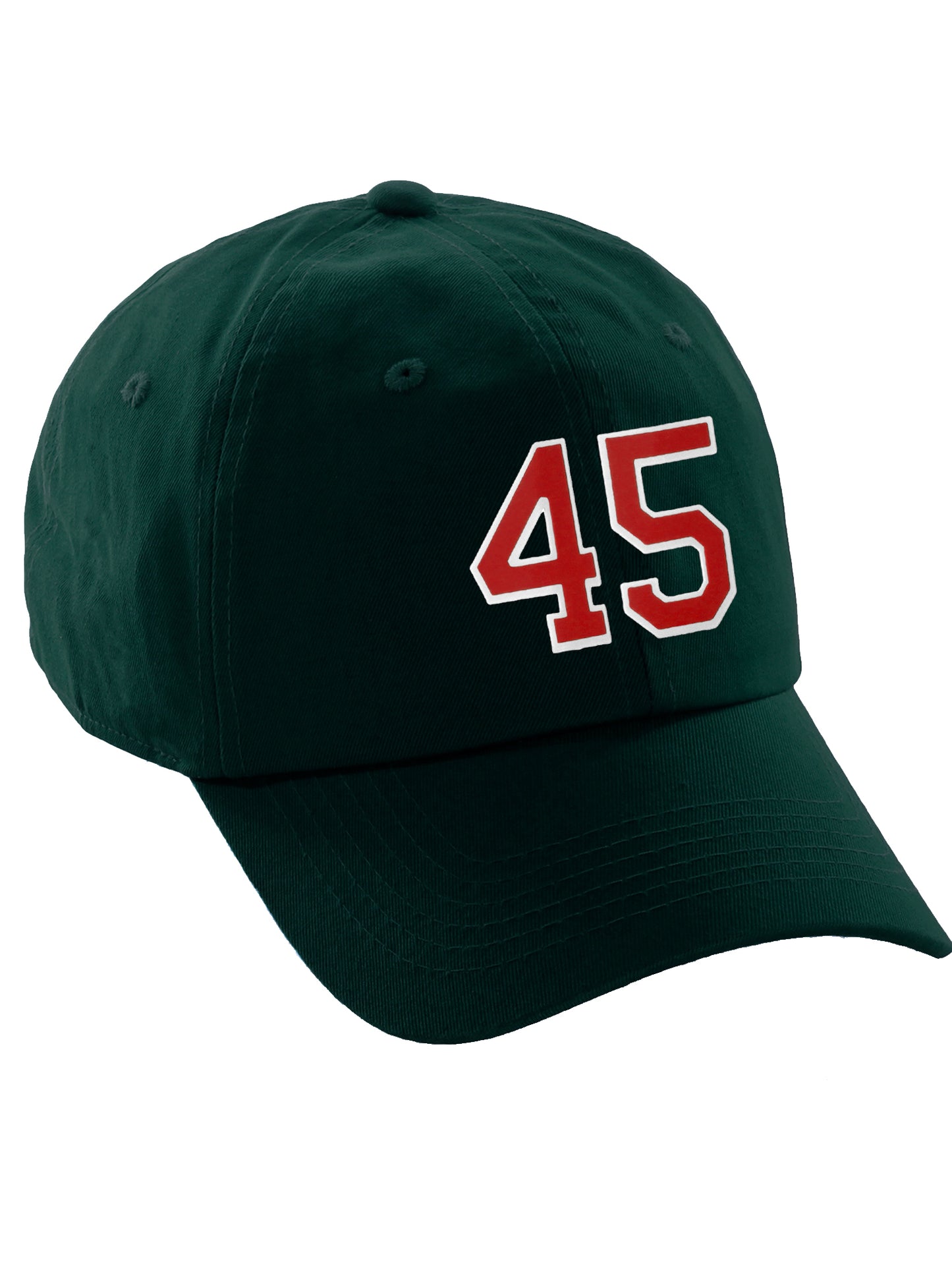 I&W Hatgear Customized Number Hat 00 to 99 Team Colors Baseball Cap, Dk Green Hat White Red