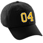 I&W Hatgear Customized Number Hat 00 to 99 Team Colors Baseball Cap, Black Hat White Gold