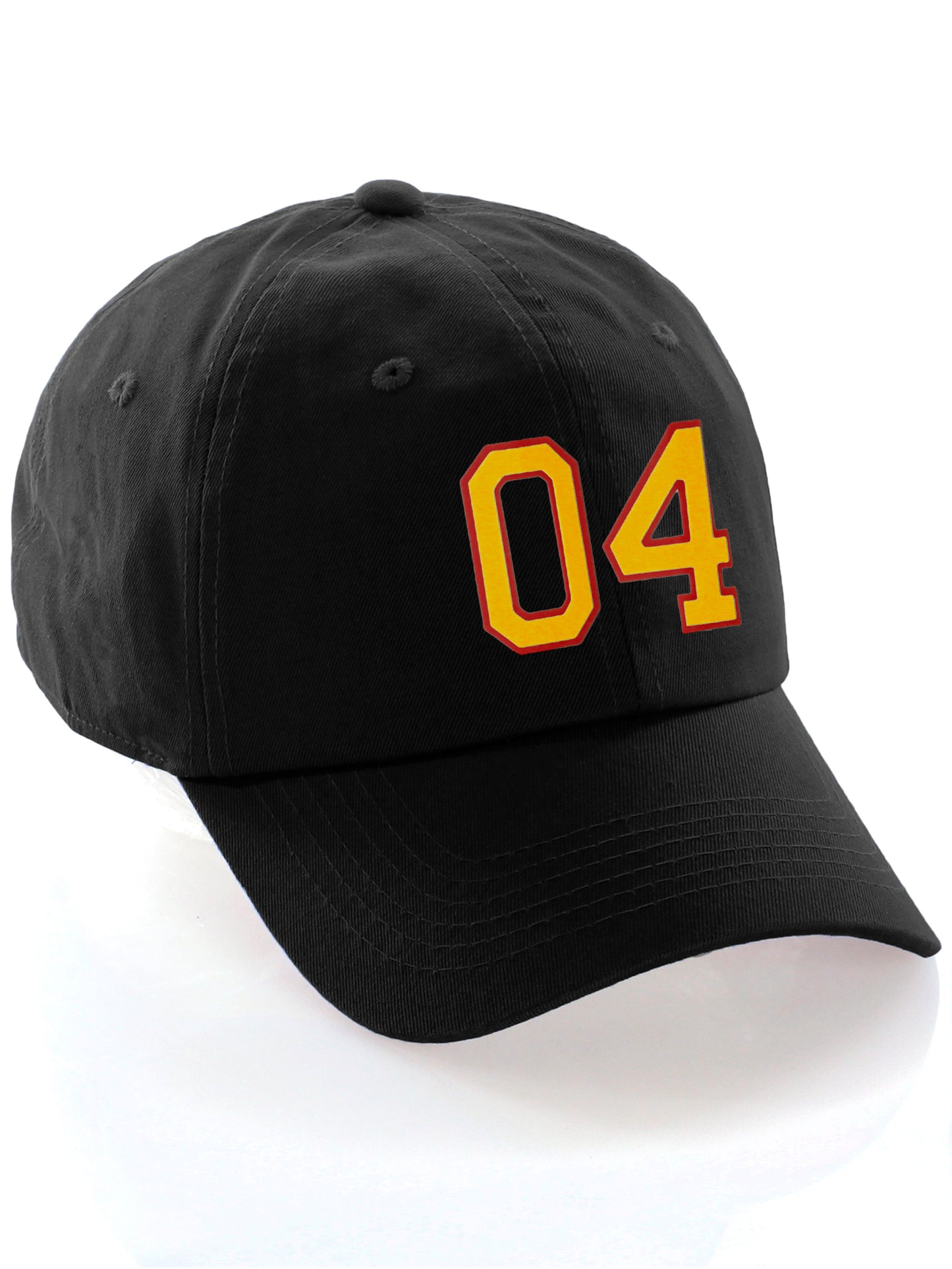 I&W Hatgear Customized Number Hat 00 to 99 Team Colors Baseball Cap, Black Hat Red Gold