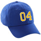 I&W Hatgear Customized Number Hat 00 to 99 Team Colors Baseball Cap, Blue hat White Gold