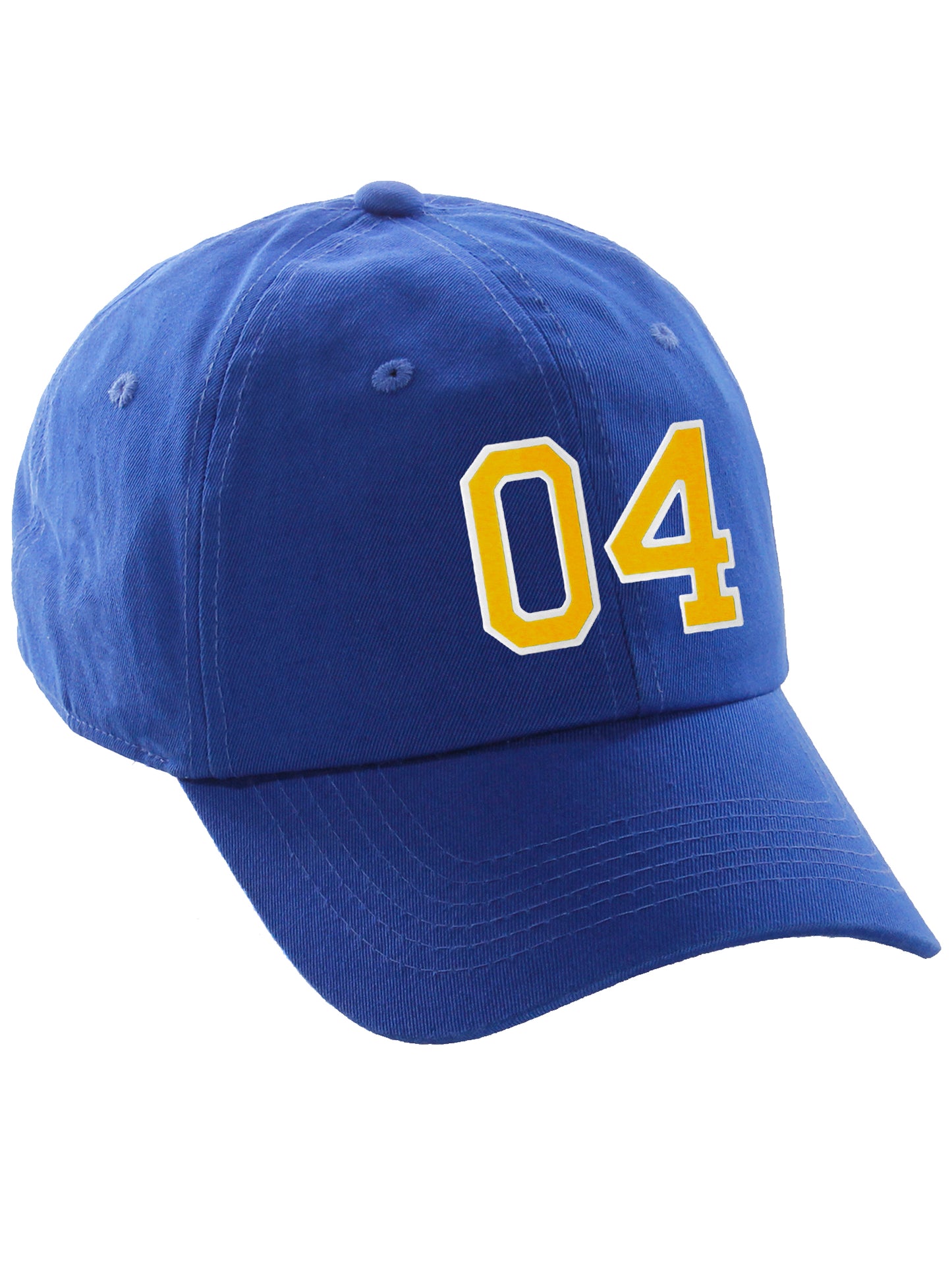 I&W Hatgear Customized Number Hat 00 to 99 Team Colors Baseball Cap, Blue hat White Gold