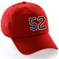 Customized Number Hat 00 to 99 Team Colors Baseball Cap, Red Hat White Black