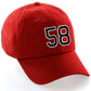Customized Number Hat 00 to 99 Team Colors Baseball Cap, Red Hat White Black
