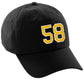I&W Hatgear Customized Number Hat 00 to 99 Team Colors Baseball Cap, Black Hat White Gold