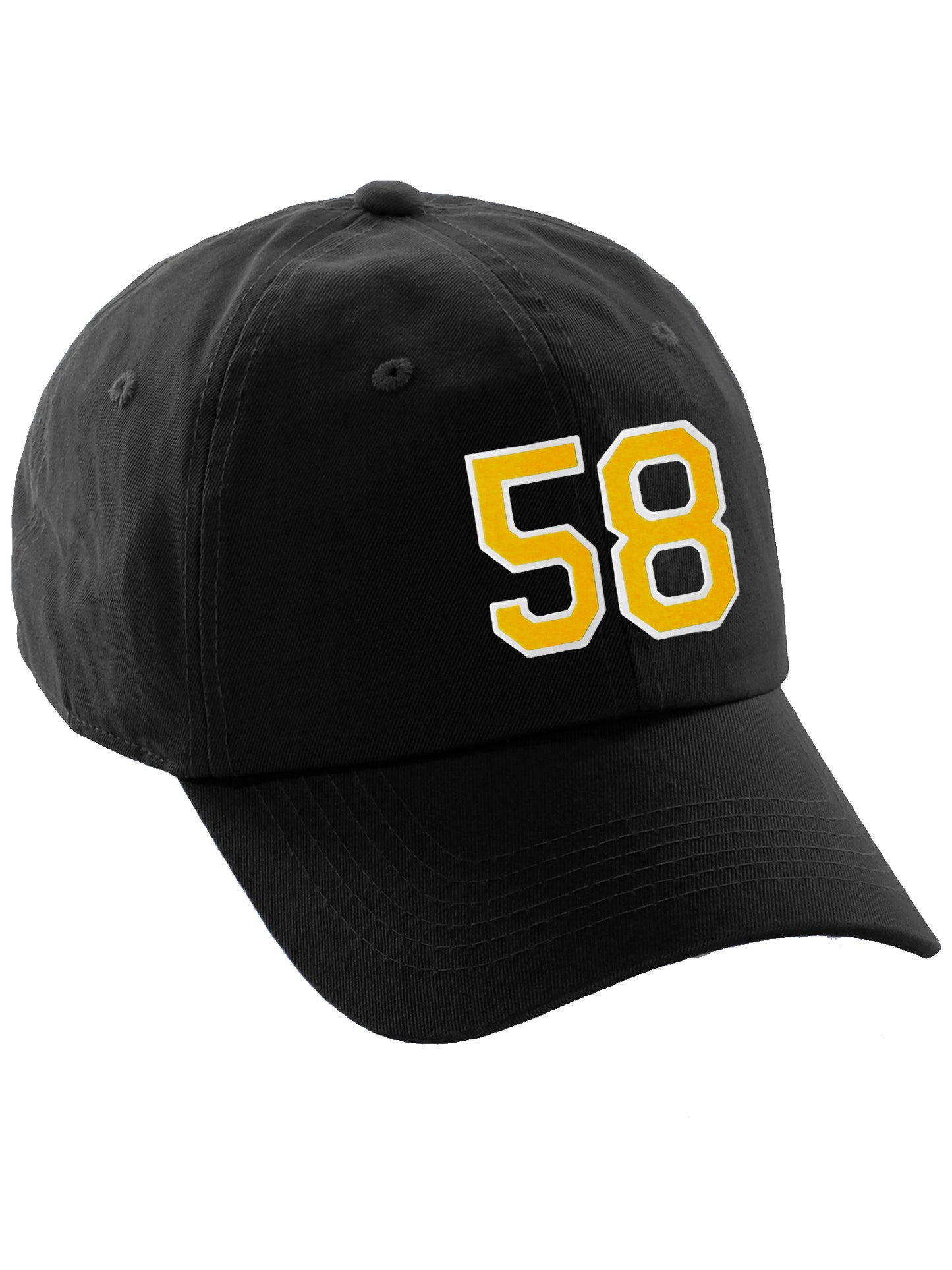 I&W Hatgear Customized Number Hat 00 to 99 Team Colors Baseball Cap, Black Hat White Gold