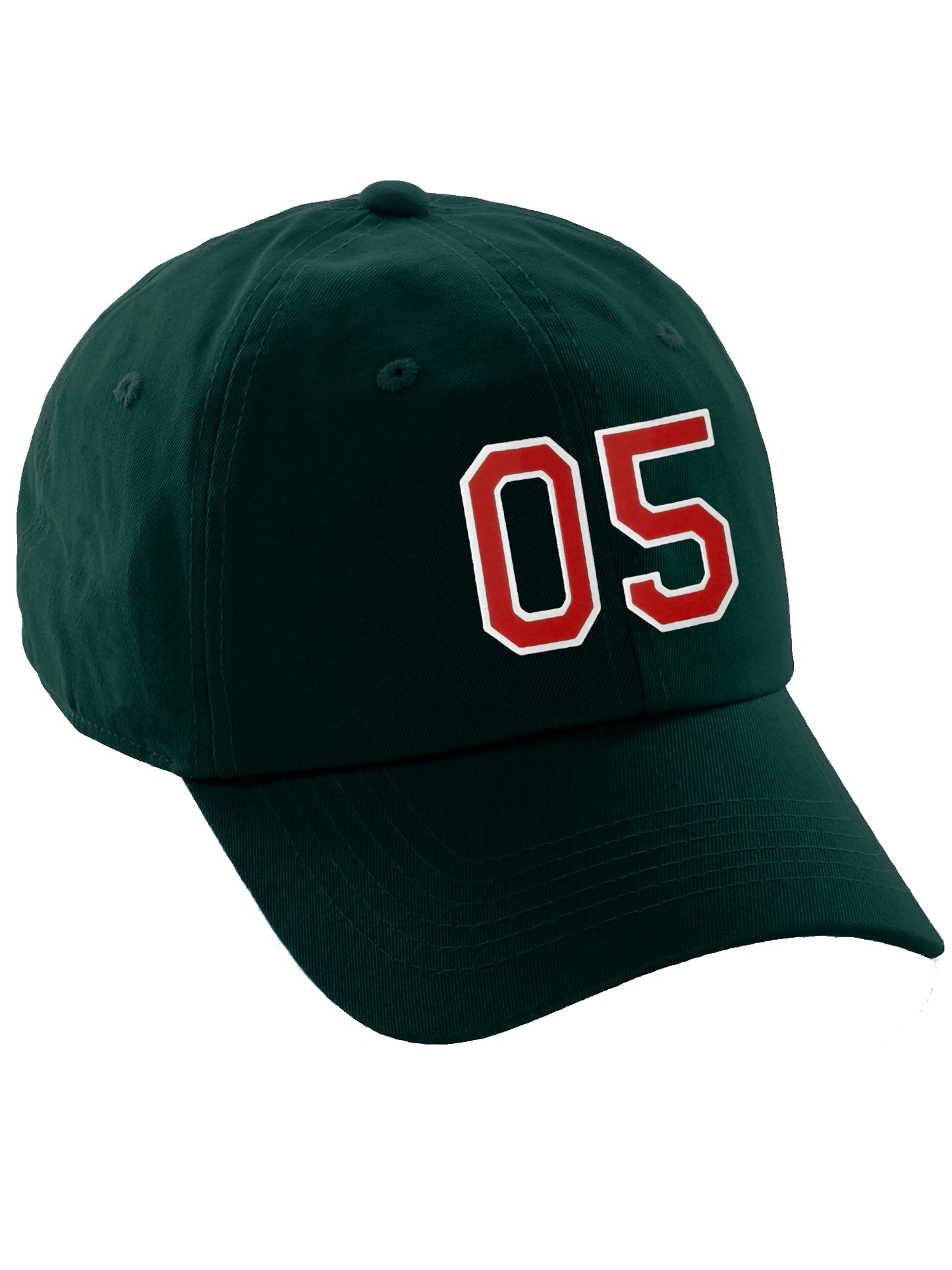 I&W Hatgear Customized Number Hat 00 to 99 Team Colors Baseball Cap, Dk Green Hat White Red