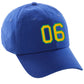 Customized Number hat 00 to 99 Team Colors Baseball Cap, Blue Hat Green Gold